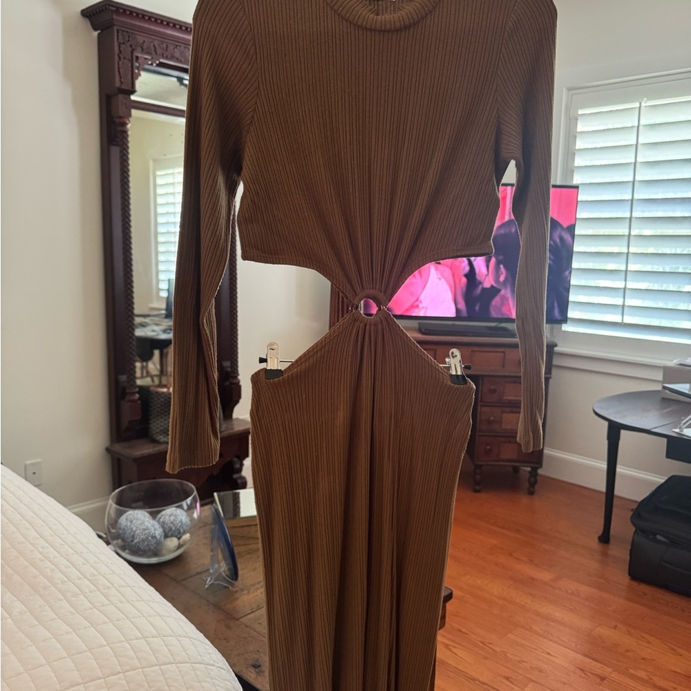 LNA Brown Bodycon Long Sleeve Dress with Cutout